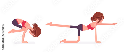 Young sporty yogi woman practicing yoga, doing Donkey, Kick, Bird dog pose and Crane, Bakasana exercise, attractive girl training for healthy habit workout. Vector flat style cartoon illustration