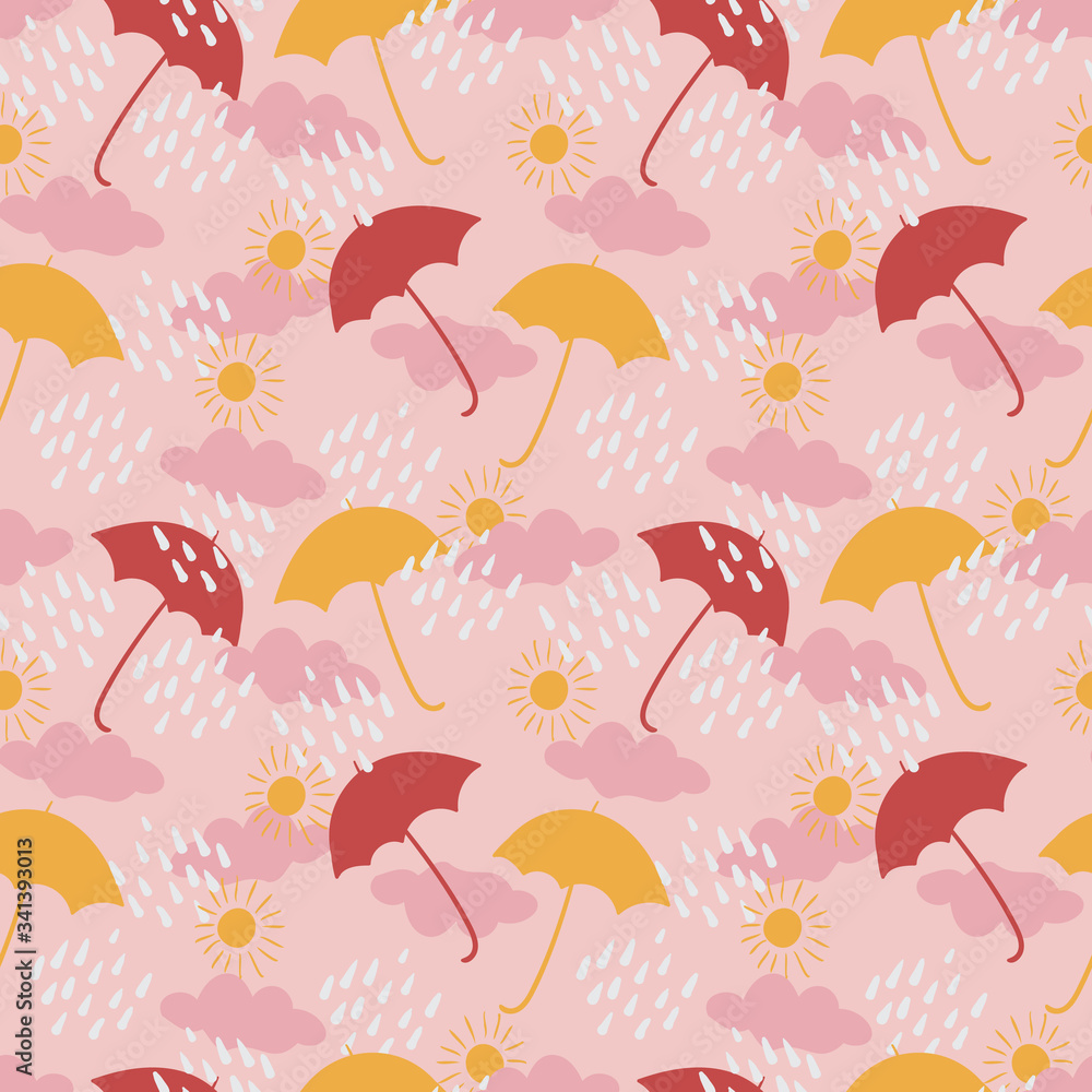 Obraz premium Umbrellas, clouds, rain, and suns seamless vector pattern. Springtime weather surface print design. For fabrics, stationery and packaging.