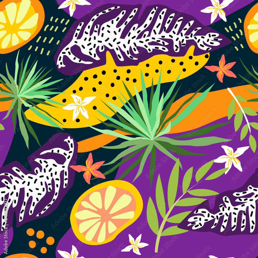 Naklejka premium Tropical leaves seamless pattern. Summer vector background