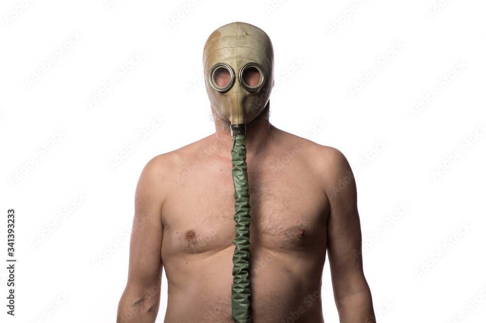 naked man in gas mask