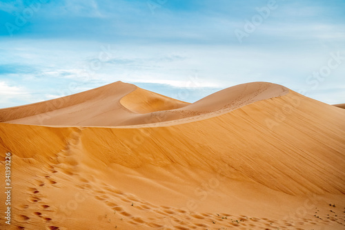 Fotografia Many footprints on sand dunes of Sahara Desert, Morocco.