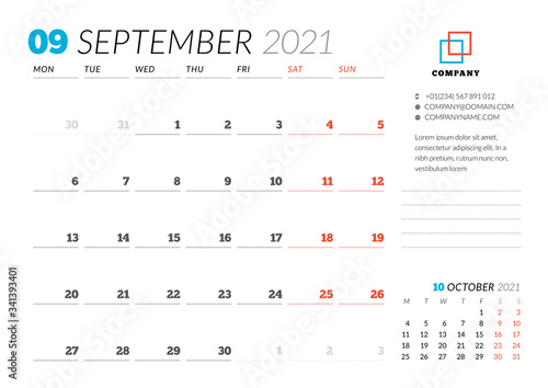 Wallpaper Mural Corporate design planner template for September 2021. Monthly planner. Stationery design. Week starts on Monday. Torontodigital.ca
