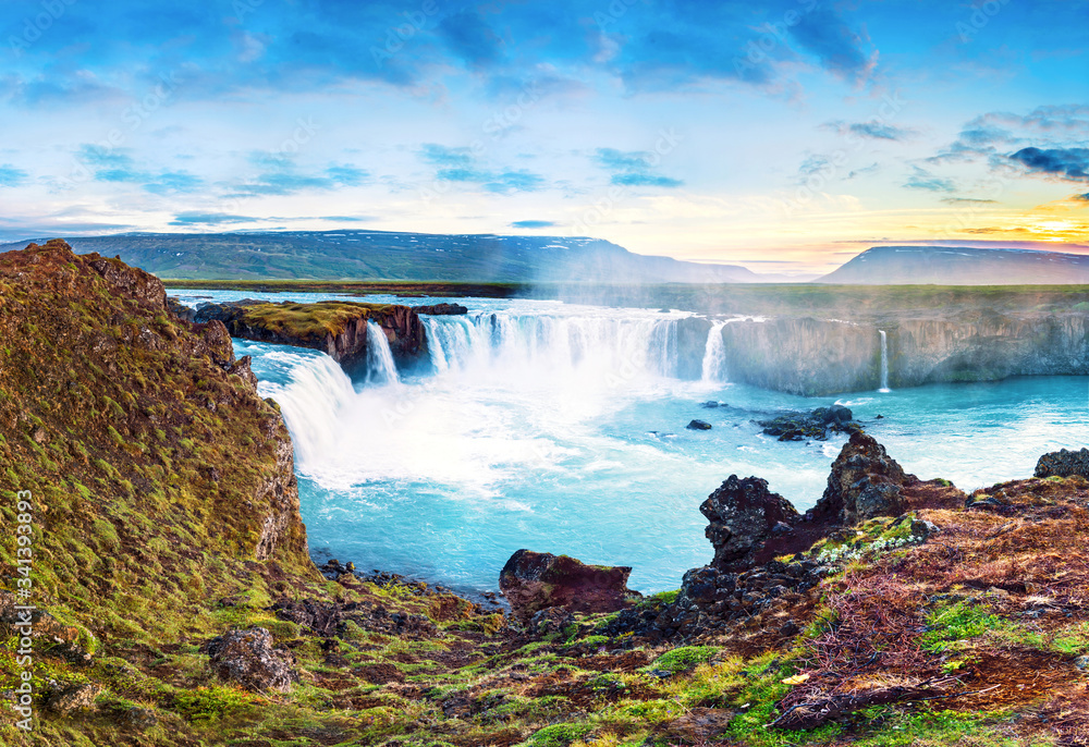 Exciting beautiful landscape with one of the most spectacular waterfalls in Iceland Godafoss on the river Skjalfandafljot. Exotic countries. Amazing places. (Meditation, antistress - concept).