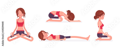 Young yogi woman practicing yoga in restorative and seated poses, Padmasana, Lotus variation, Child, Balasana exercise seiza, vajrasana and Dead Body, Savasana. Vector flat style cartoon illustration