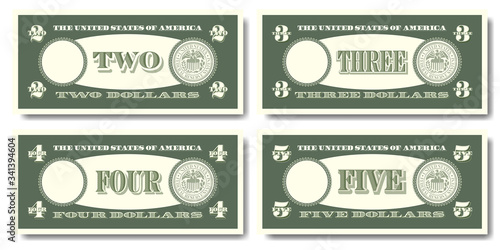 US fictitious green paper money in denominations of  two, three, four and five dollars
