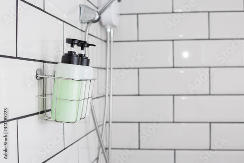 Modern hotel bathroom with Liquid soap  shampoo bottle