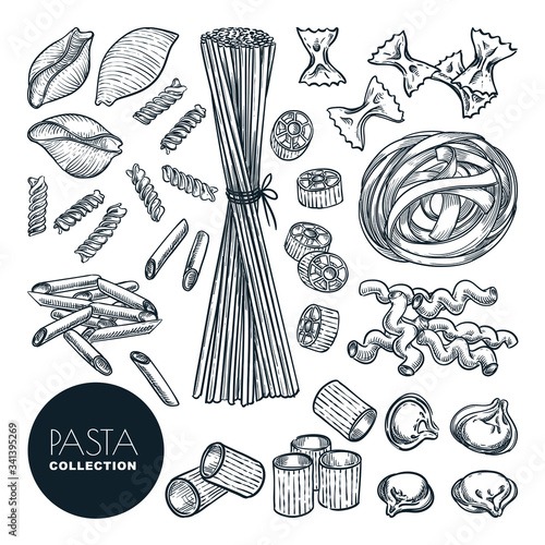 Pasta isolated on white background. Vector sketch illustration. Italian cuisine food icons. Hand drawn design elements