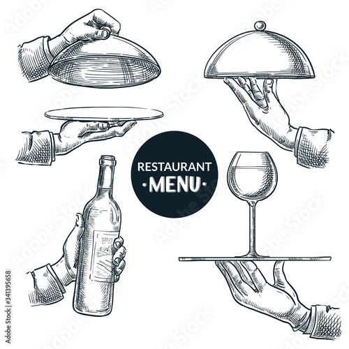 Waiters hands holding trays. Vector hand drawn sketch illustration. Restaurant menu, catering service design elements