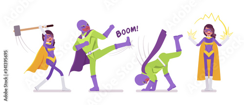 Male and female super hero in bright costume, superior great poses. Powerful strong brave warriors, superpower people having great extraordinary abilities. Vector flat style cartoon illustration