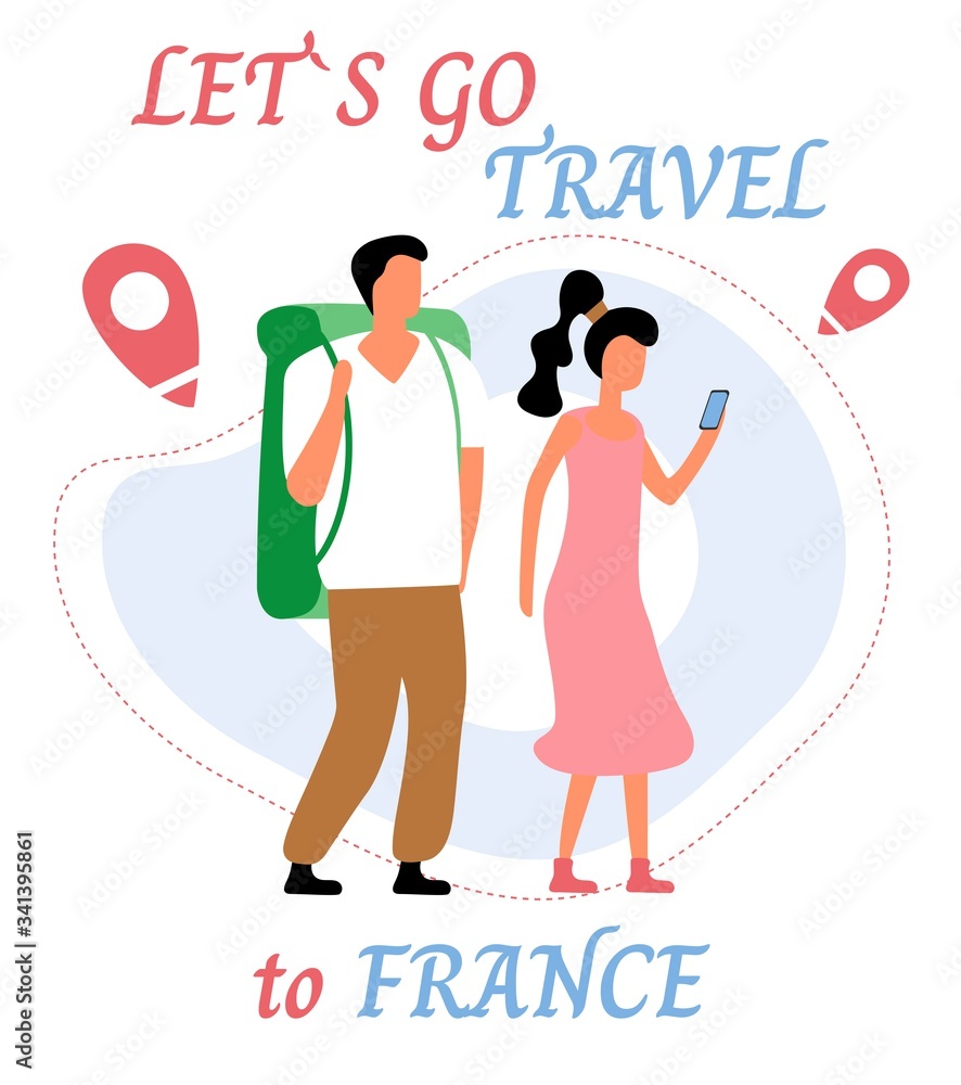 Lets go travel to france. Young romantic couple during hiking adventure travel or camping trip. Flat colorful vector illustration.