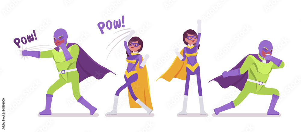 Male, female super hero in bright costume posing to attack. Heroic strong brave warriors, superpower people having super powers, great extraordinary abilities. Vector flat style cartoon illustration Male, female super hero in bright costume posing to attack. Heroic strong brave warriors, superpower people having super powers, great extraordinary abilities. Vector flat style cartoon illustration