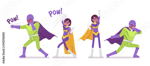 Male, female super hero in bright costume posing to attack. Heroic strong brave warriors, superpower people having super powers, great extraordinary abilities. Vector flat style cartoon illustration