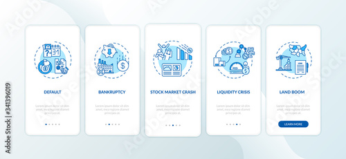 Economic crisis onboarding mobile app page screen with concepts. Global economic and social emergencies walkthrough five steps graphic instructions. UI vector template with RGB color illustrations