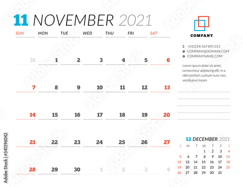 Corporate design planner template for November 2021. Monthly planner. Stationery design. Week starts on Sunday.