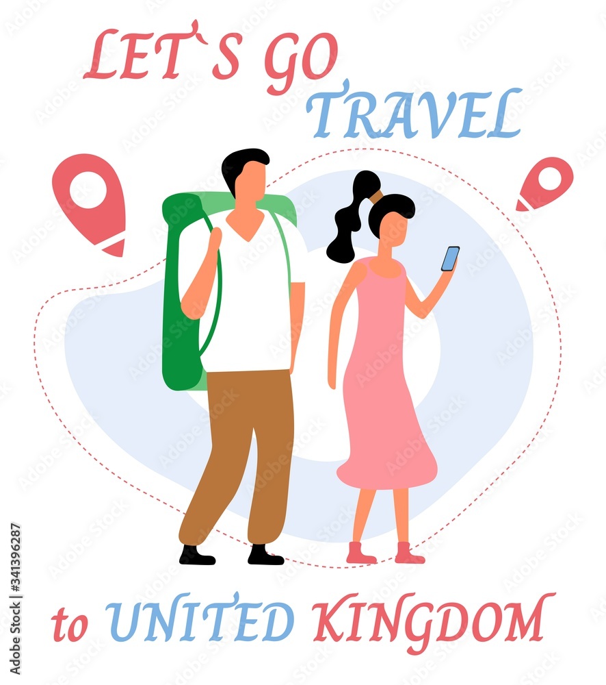 Lets go travel to UK. Young romantic couple during hiking adventure travel or camping trip. Flat colorful vector illustration.