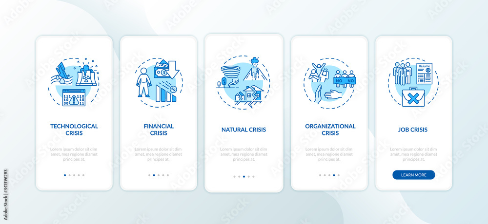 Crysis types onboarding mobile app page screen with concepts. Global disasters, emergency situations walkthrough five steps graphic instructions. UI vector template with RGB color illustrations