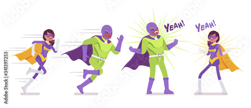 Male and female super hero in bright costume acting heroically. Attractive strong brave warriors, superpower people having powers, great extraordinary abilities. Vector flat style cartoon illustration