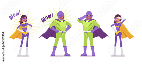 Male, female super hero in bright costume posing. Attractive heroic strong brave warriors, superpower people having super powers, great extraordinary abilities. Vector flat style cartoon illustration