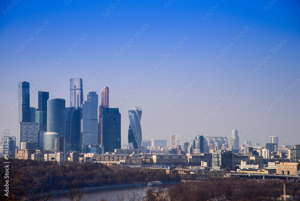 cityscape of modrn and urban skyscrapers Moscow International Business Center is Architecture and landmark of Moscow City with sweet sunset sky, Russia