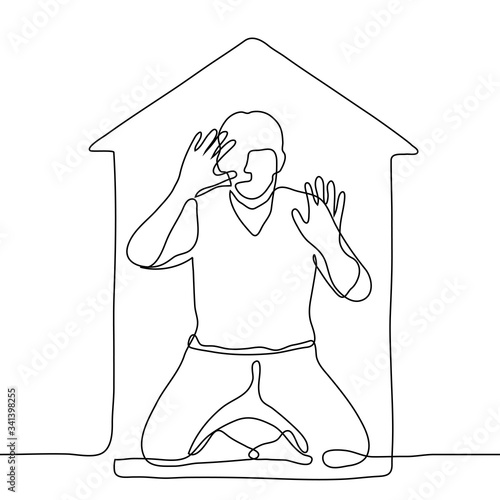 man sits on his knees resting his hands on an invisible wall in the silhouette of a house. One continuous line art. The concept of isolation, prison, cells, poor conditions, self isolation.