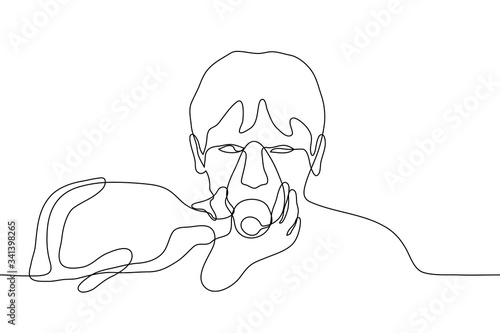 man with an oxygen mask through which he is given first aid. One continuous line art can be used for animation. Respiratory arrest, oxygen starvation, lung disease, pneumonia, medical care
