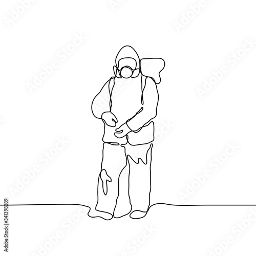 One continuous black drawing of a man in a protective suit with a mask and glasses holds in his hands a disinfector in working condition. Disinfection of space from bacteria, virus, coronavirus, dirt