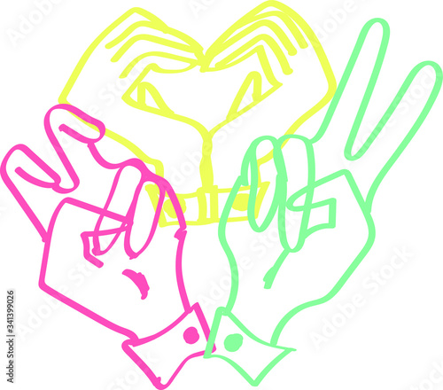 Set of hand gestures banner, peace, quotation marks in the air and love. Vector