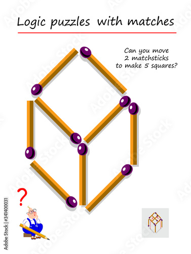 Logic puzzle game with matches for children and adults. Can you move 2 matchsticks to make 5 squares? Printable page for brain teaser book. IQ training test. Developing spatial thinking skills.