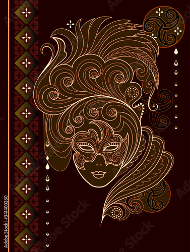 Background for masquerade party with girl in carnival mask. Imaginary portrait of fairyland princess. Book cover for kids fairy tale. Print for festival or beauty and fashion party. Flat vector.