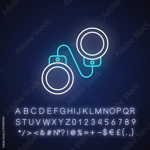 Criminal drama neon light icon. Outer glowing effect. Sign with alphabet, numbers and symbols. Popular movie genre, common cinema category. Handcuffs vector isolated RGB color illustration