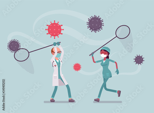 Doctors, health care workers catching virus with a butterfly net. Physicians, nurses, medical staff struggling to protect people and prevent spread of disease. Vector flat style cartoon illustration