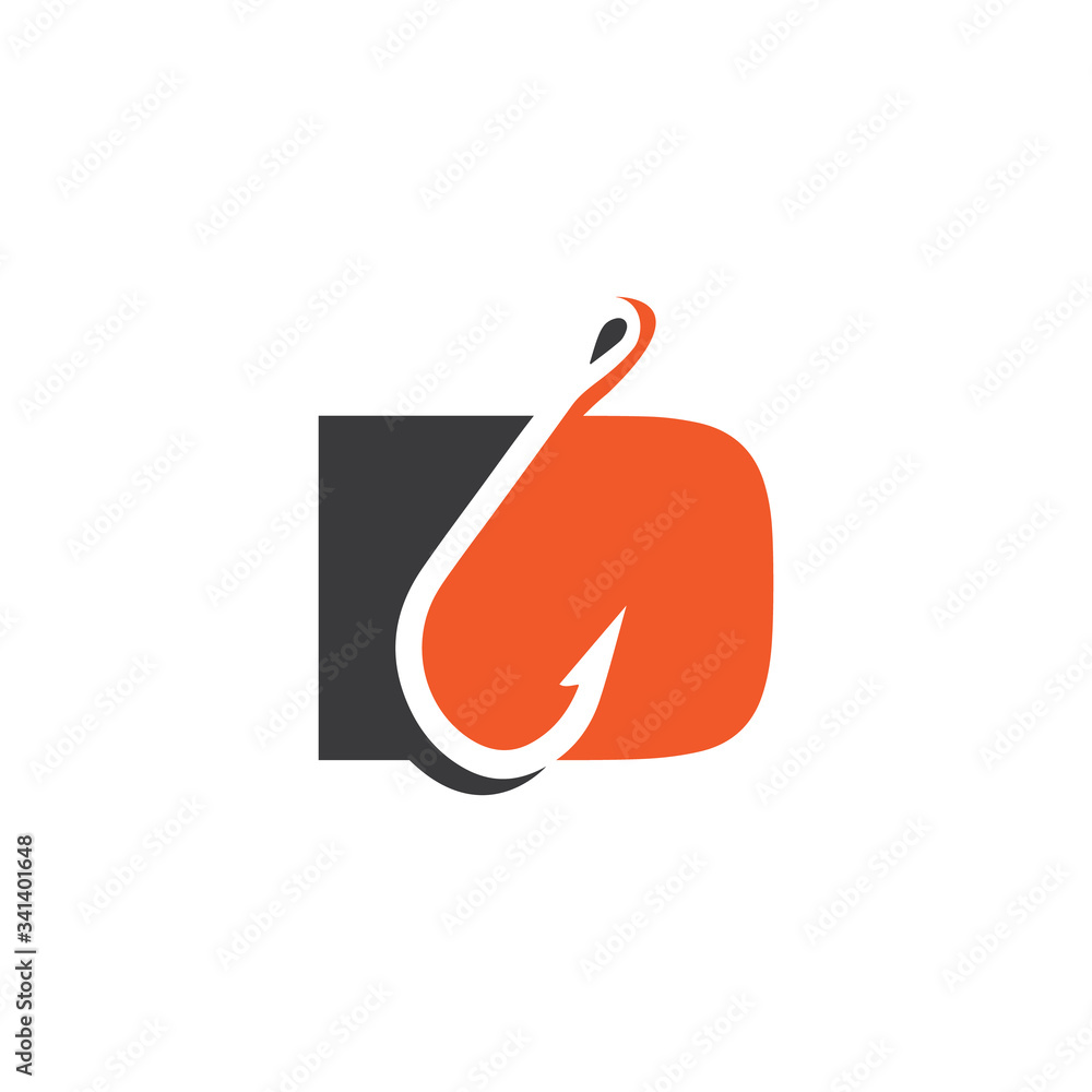 Abstract letter D icon symbol with fishing hook graphic Abstract letter D icon symbol with fishing hook graphic