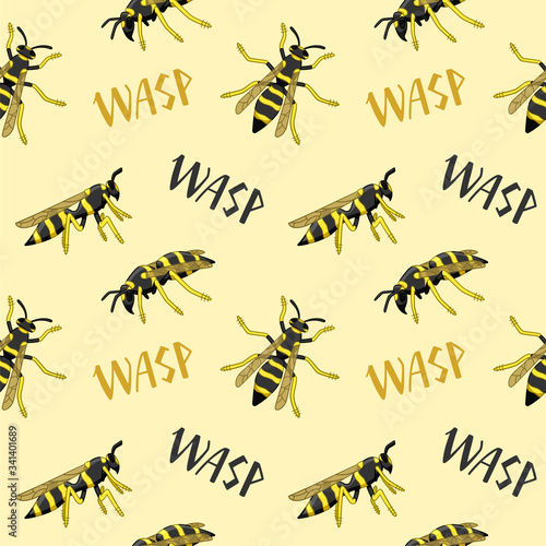 Wasps with lettering seamless pattern on yellow background