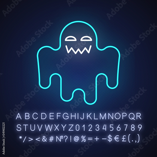Horror movie neon light icon. Outer glowing effect. Sign with alphabet, numbers and symbols. Scary film genre, creepy ghost story. Spooky spectre vector isolated RGB color illustration