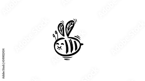 Little cute cartoon bee is flying isolated on a white background. Hand drawn bumblbee animation.