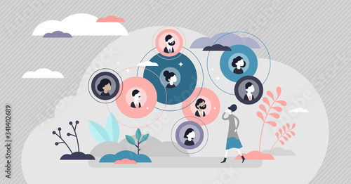 Connected relationships vector illustration. Contacts tiny persons concept.