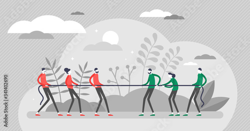 Tug of war vector illustration. Pull rope game in flat tiny persons concept