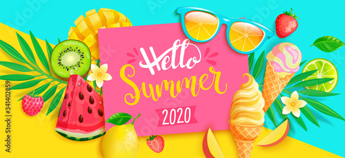 Summer 2020 bright greeting banner. Sweet symbols of hot season - ice cream, watermelon, mango and kiwi, strawberry and tropical leaves on two colors geometric background.Vector Illustration.