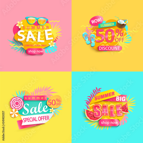 Bright summer sale banner, set of discount posters for hot season. Labels with tropical leaves,ice cream,watermelon, sunglasses.Invitation for shopping, special offer card, template for your design.