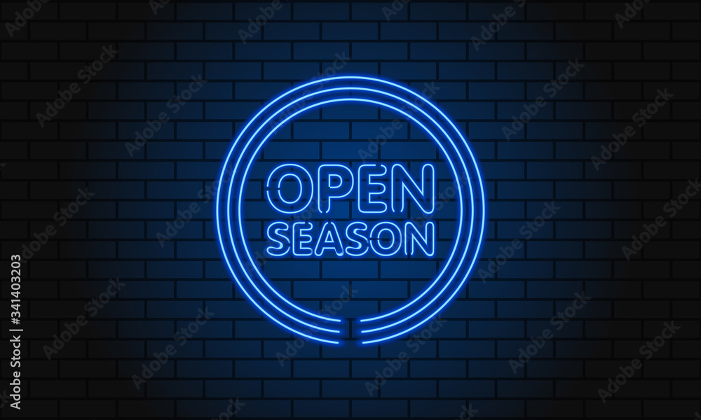 Neon sign open season in a circle on brick wall background. Blue. Vector Neon sign open season in a circle on brick wall background. Blue. Vector