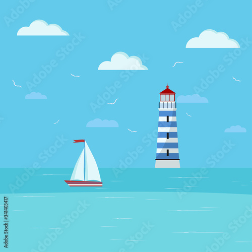 Lighthouse and sailboat on seascape. Seaside with blue water, clouds, ship, lighthouse building.