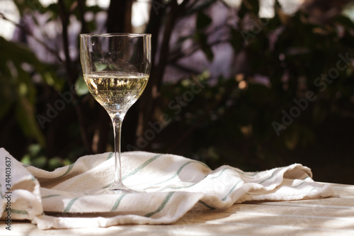 glass of white Italian wine in the garden close up 