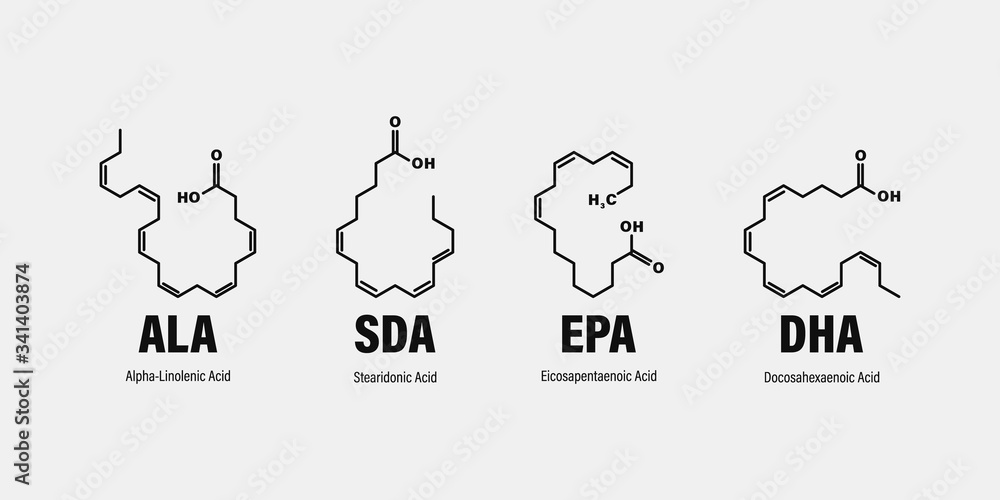 chemical structure of omega-3 fatty acids. Stearidonic Acid (SDA), Eicosapentaenoic Acid (EPA), Docosahexaenoic Acid (DHA) and Alpha-linolenic Acid (ALA).
