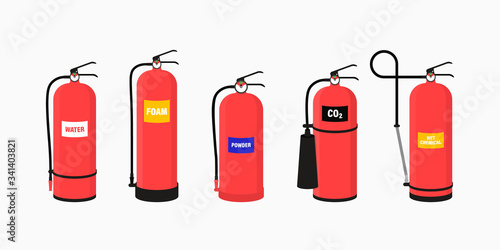 fire extinguisher set with isolated portable fire-fighting units of different shape on transparent background vector illustration