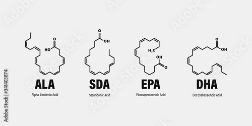 chemical structure of omega-3 fatty acids. Stearidonic Acid (SDA), Eicosapentaenoic Acid (EPA), Docosahexaenoic Acid (DHA) and Alpha-linolenic Acid (ALA). photo