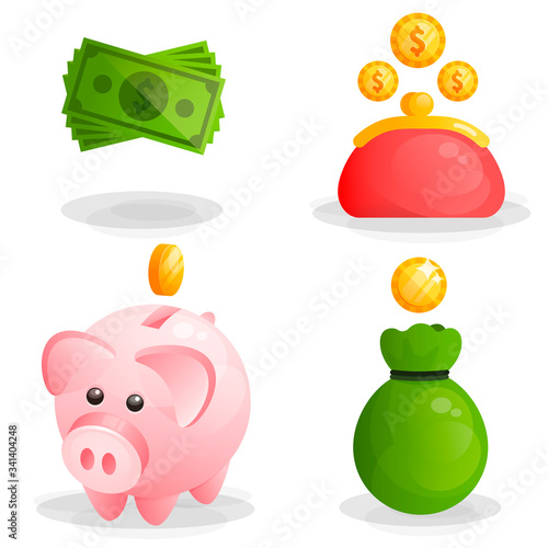 Money, coins, moneybox piggy and wallet icons