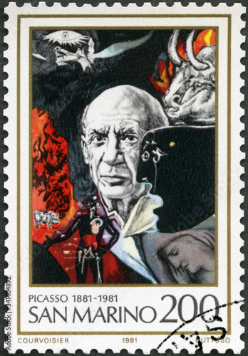 SAN MARINO - 1981: shows Pablo Picasso (1881-1973), artist, birth centenary, Homage to Picasso, by Renato Guttuso, 1981
