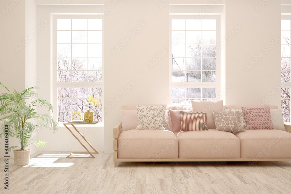 Fototapeta premium White living room with sofa and winter landscape in window. Scandinavian interior design. 3D illustration