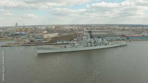 Aerial Drone Shot of USS New Jersey in River Between Camden and Philadelphia