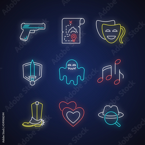 Different movie styles and genres neon light icons set. Popular film and TV types. Media entertainment, filmmaking industry signs with outer glowing effect. Vector isolated RGB color illustrations